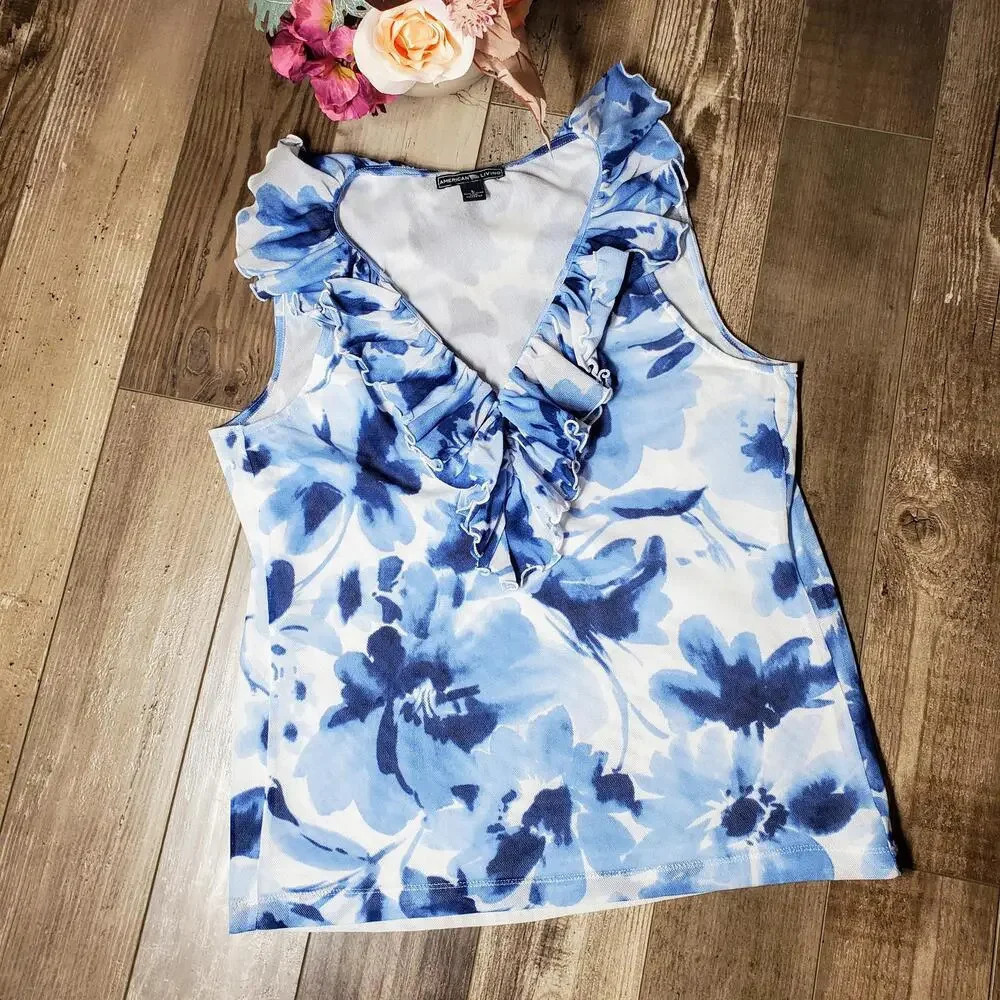 American Living Floral Mesh Overlay Ruffle Women's Blouse Size Medium